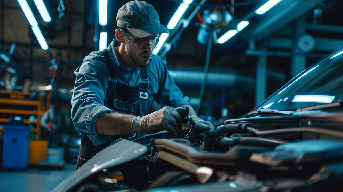 Mechanic performing engine diagnostics with scan tool