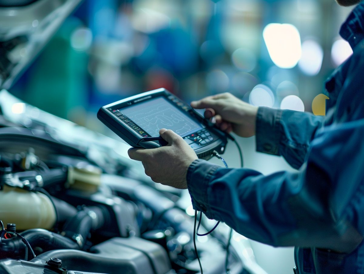 Technician testing car battery and electrical system